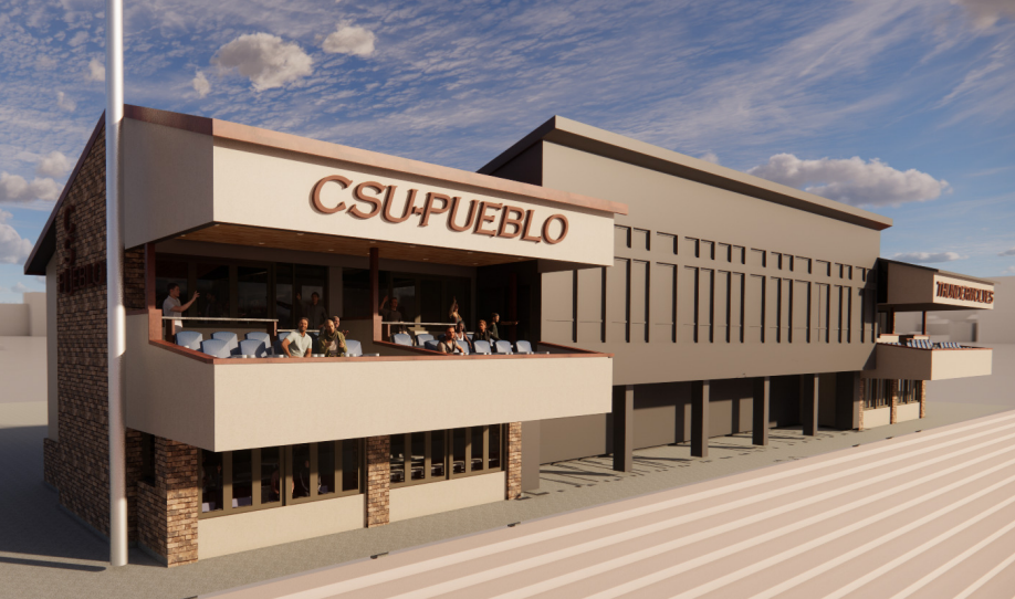 A view, rendered by HGF Architects Inc., of both upper and lower-level suites planned on the west side of the CSU Pueblo ThunderBowl