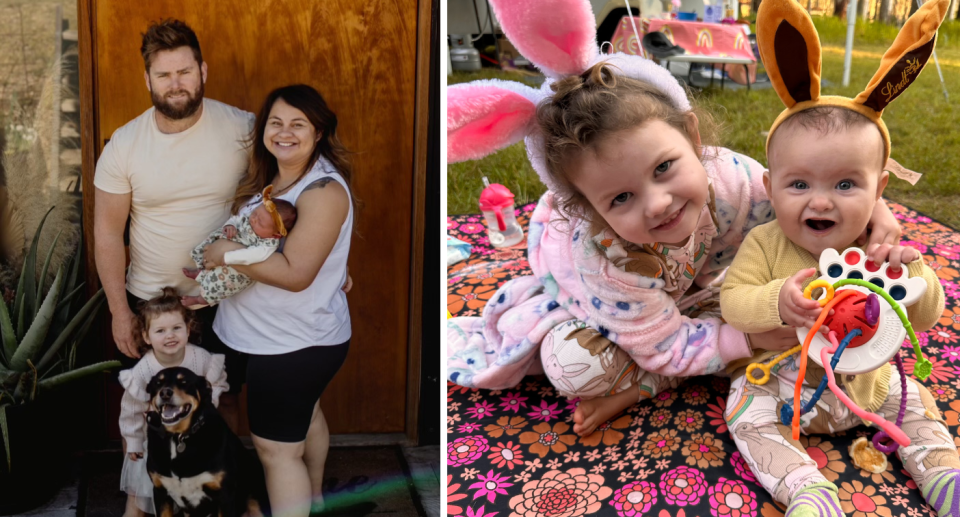 Lawrence with his wife and two girls outside a door (left) and his two girls wearing bunny ears (right).