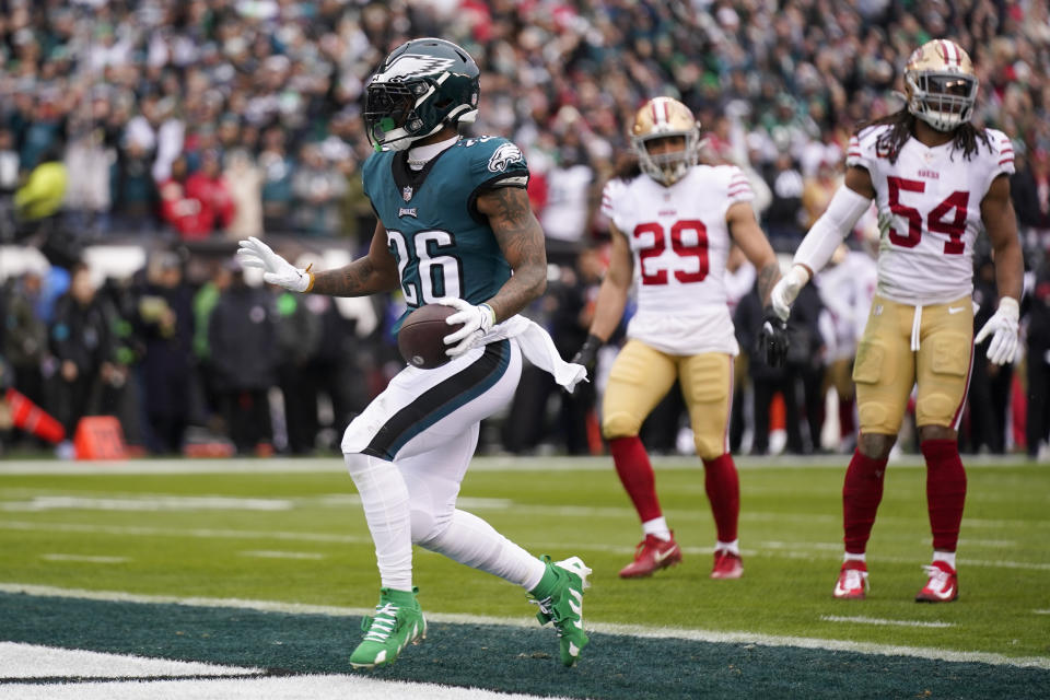 Philadelphia Eagles running back Miles Sanders celebrates after scoring during the first half of the NFC Championship NFL football game between the Philadelphia Eagles and the San Francisco 49ers on Sunday, Jan. 29, 2023, in Philadelphia. (AP Photo/Seth Wenig)