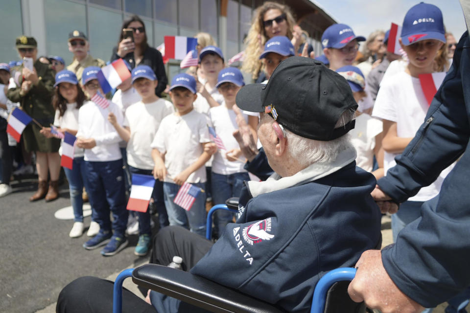 American D-Day veterans arrive at Deauville airport, Monday, June 3, 2024 in Deauville, Normandy to attend D-Day 80th anniversary commemorations. (AP Photo/Alexander Turnbull)