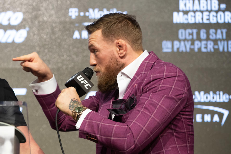 Conor McGregor speaks at the UFC 229 press conference at Radio City Music Hall on Sept. 20, 2018 in New York, NY. . (Getty Images)