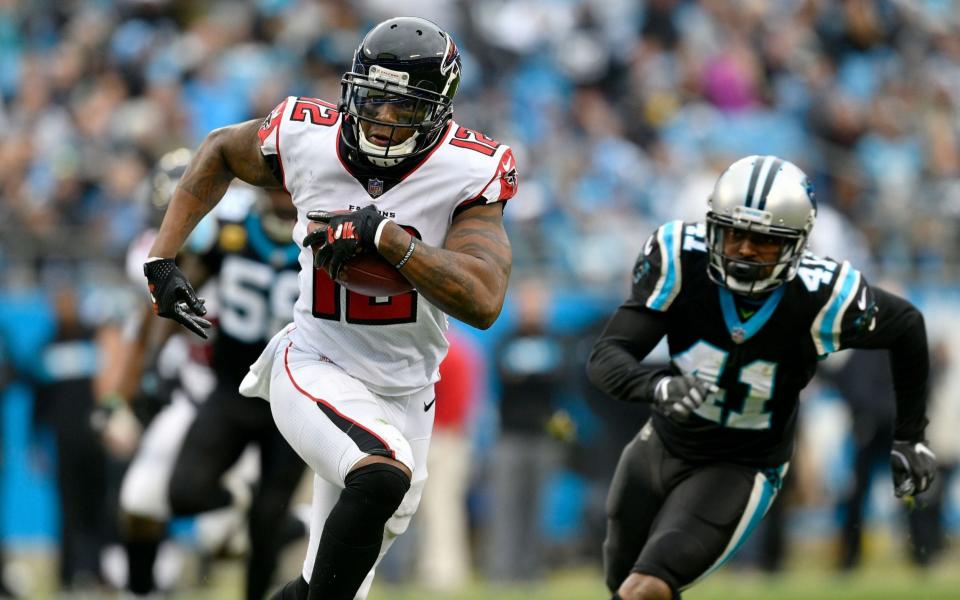 Mohamed Sanu playing for the Falcons against the Panthers earlier this season. He scored a touchdown in the win - Getty Images North America