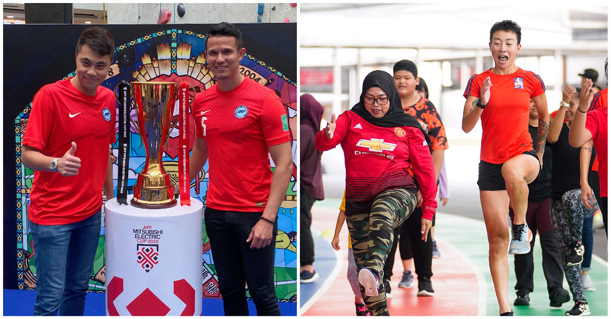 (From left) The AFF Mitsubishi Electric Cup trophy tour with ex-Lions Lionel Lewis and Baihakki Khaizan, and the Great Eastern Women's Run's run clinic with Daughters of Tomorrow. (PHOTOS: Yahoo News Singapore/Great Eastern Women's Run)