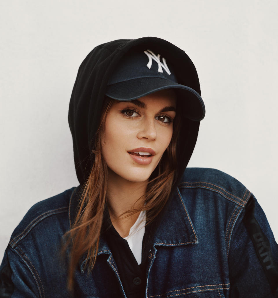 Kaia Gerber for DKNY in a co-branded New York Yankees hat.  