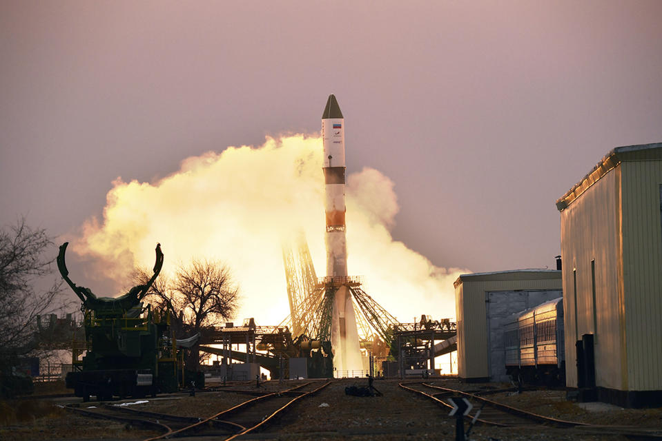 In this photo provided by Roscosmos Space Agency Press Service, the Progress MS-16 cargo blasts off from the launch pad at Russia's space facility in Baikonur, Kazakhstan, Monday, Feb. 15, 2021. The Russian Progress MS-16 cargo ship blasted off from the Russia-leased Baikonur launch facility in Kazakhstan and reached a designated orbit en route to the International Space Station. (Roscosmos Space Agency Press Service photo via AP)