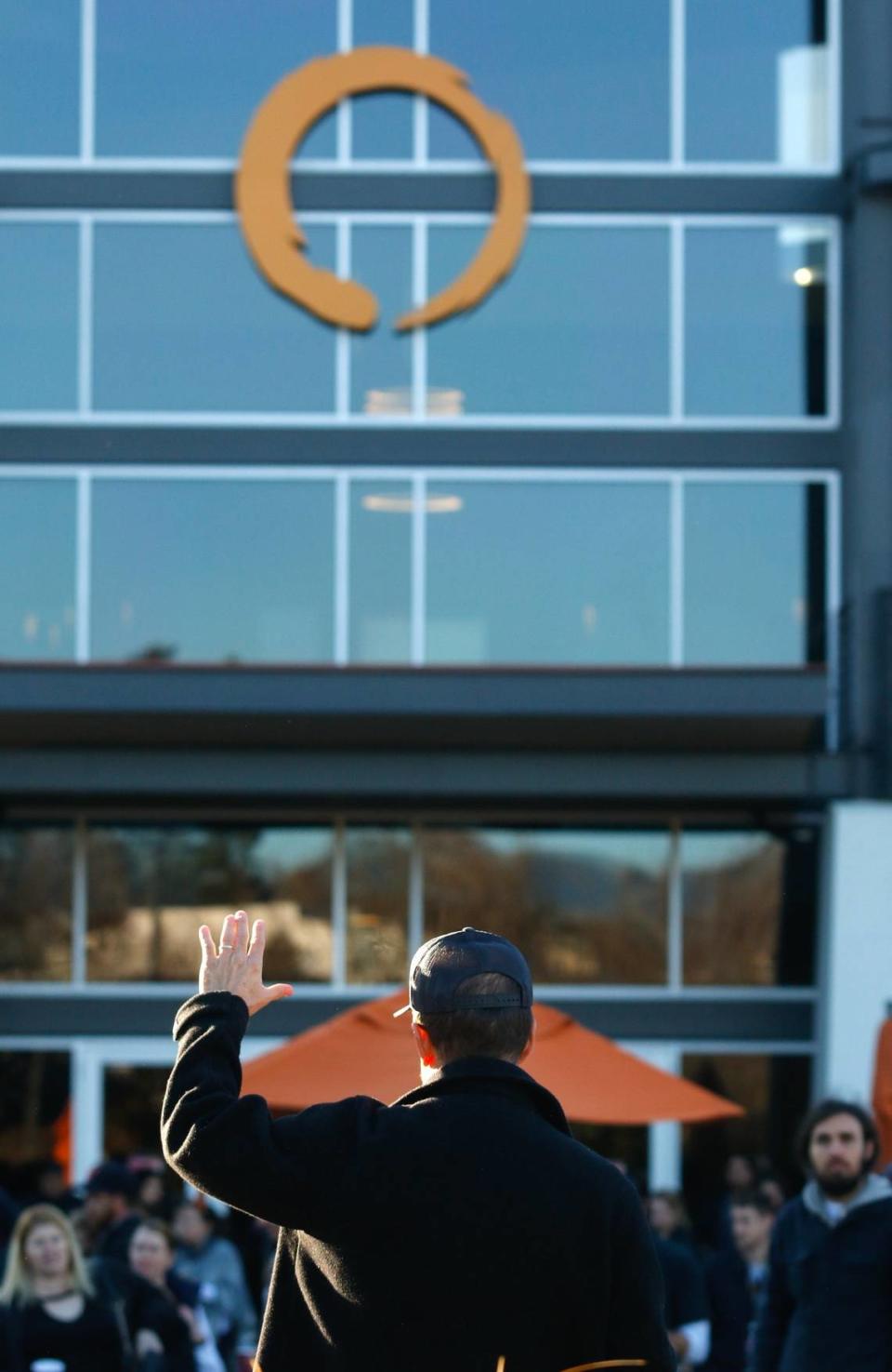 Mindbody CEO Rick Stollmeyer spoke to employees at a celebration party at the San Luis Obispo offices in 2019.