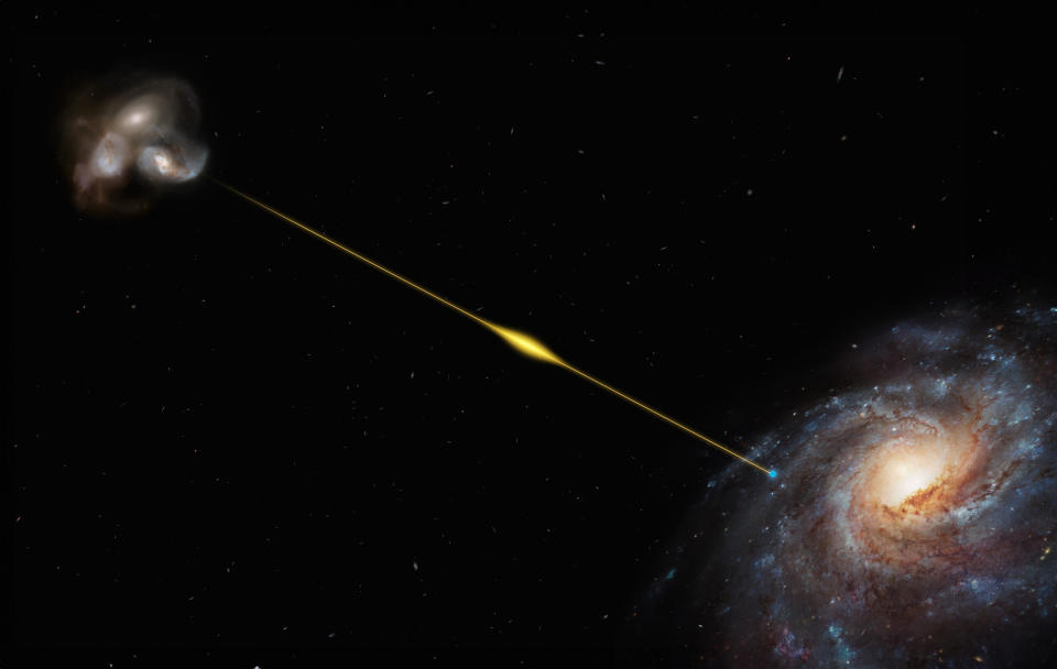 An illustration shows a Fast Radio Burst escaping three colliding galaxies and traveling to the Milky Way