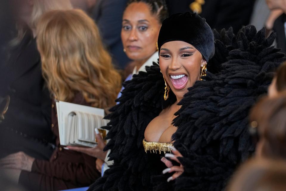 Cardi B attends the Schiaparelli Haute Couture Fall/Winter 2023-2024 fashion collection presented in Paris, Monday, July 3, 2023. (AP Photo/Michel Euler) ORG XMIT: LENT111