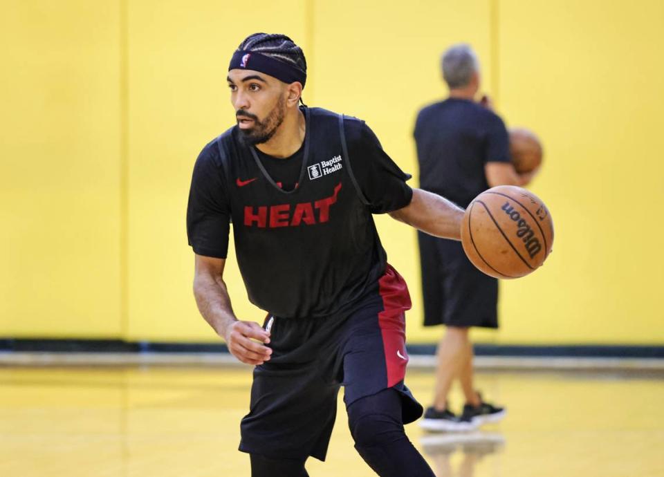 Miami Heat guard Gabe Vincent does drills during training camp in preparation for the 2021-22 NBA season at FTX Arena on Tuesday, September 28, 2021, in Miami.