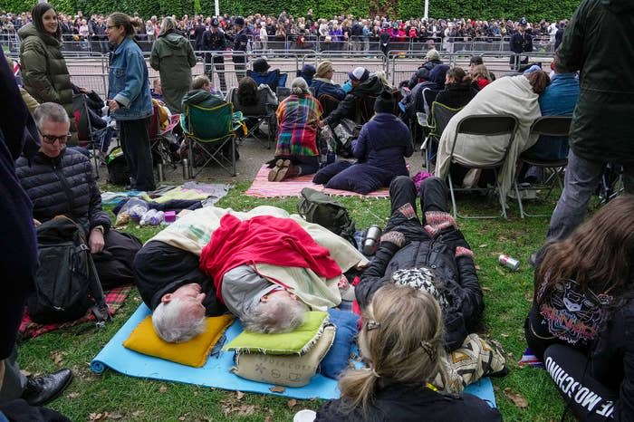 people sleeping on grass in a crowd on lawn chairs