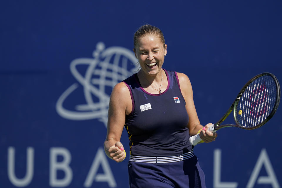 Shelby Rogers, of the United States, reacts after her victory over Veronika Kudermetova, of Russia, at the Mubadala Silicon Valley Classic tennis tournament in San Jose, Calif., Saturday, Aug. 6, 2022. (AP Photo/Godofredo A. Vásquez)