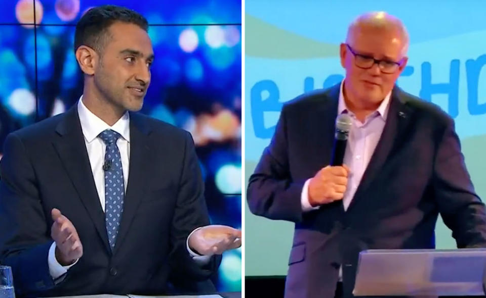 L: The Project host Waleed Aly talks to his panellists. R: Scott Morrison gives a sermon in Perth