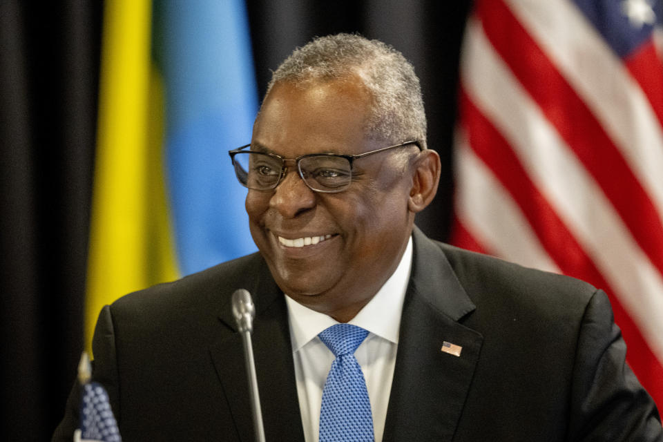 US Defense Secretary Lloyd Austin attends the meeting of the 'Ukraine Defense Contact Group' at Ramstein Air Base in Ramstein, Germany, Tuesday, Sept. 19, 2023. (AP Photo/Michael Probst)