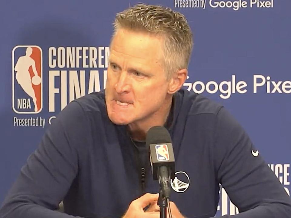 Steve Kerr seethes while speaking to reporters about gun laws in 2022.