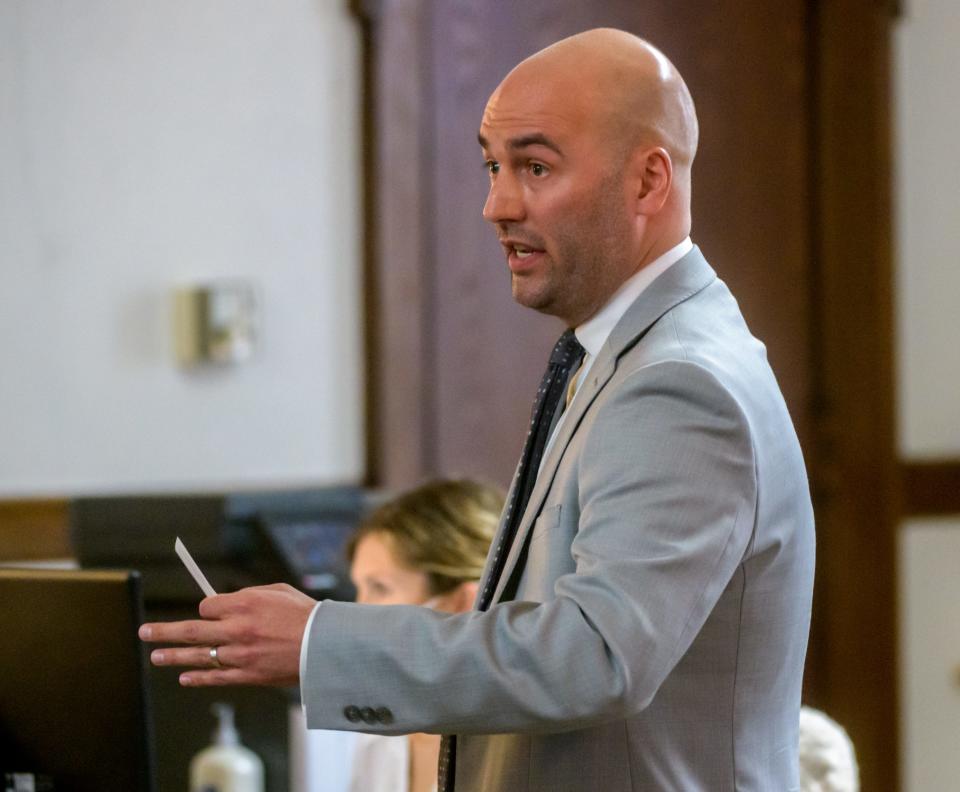 Defense attorney Rob Hanauer argues a point with Judge Paul Gilfillan during a hearing Nov. 10, 2021, at the Tazewell County Courthouse. Hanauer is representing defendants in the October shooting of Rebecca and Douglas Bolin at their rural Mackinaw home. Rebecca Bolin was killed.