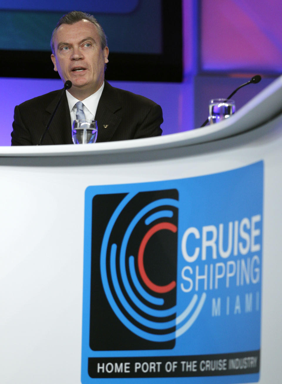 Stein Kruse, President and CEO of Holland America Line, speaks during a roundtable discussion on the state of the cruise ship industry at the Cruise Shipping Miami conference, Tuesday, March 13, 2012, in Miami Beach, Fla. (AP Photo/Lynne Sladky)