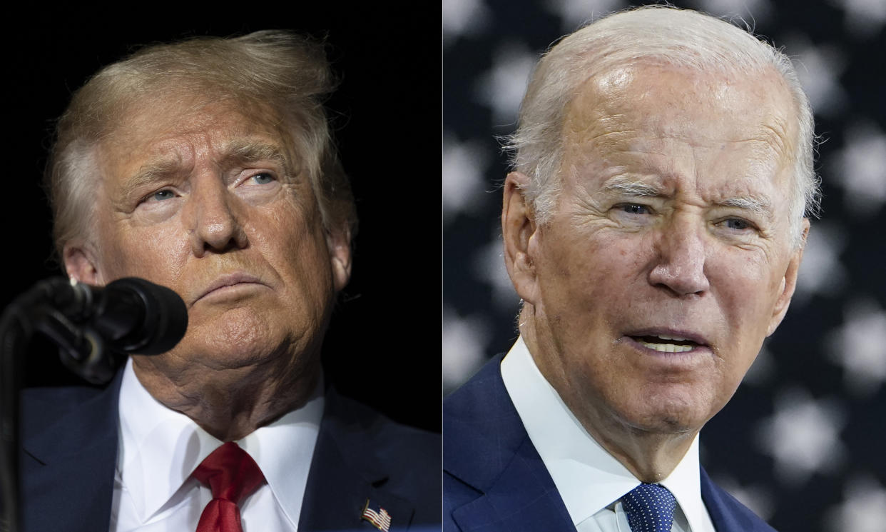 This combination of photos shows former President Donald Trump, left, and President Joe Biden, right. This year’s midterm elections are playing out as a strange continuation of the last presidential race — and a potential preview of the next one. (AP Photo/File)