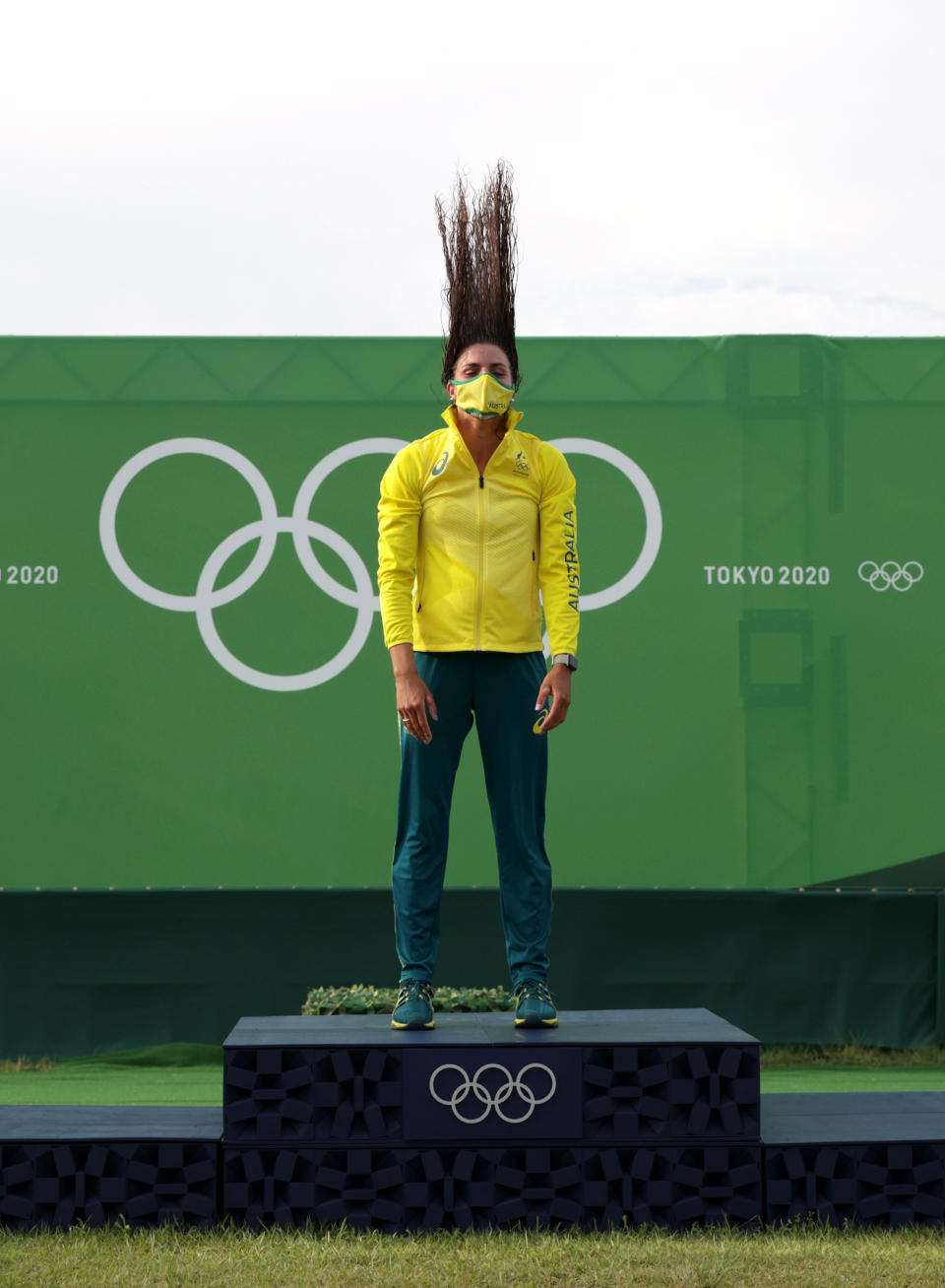 <p>TOKYO, JAPAN - JULY 29: Gold medalist Jessica Fox of Team Australia celebrates during the medal ceremony following the Women's Canoe Slalom Final on day six of the Tokyo 2020 Olympic Games at Kasai Canoe Slalom Centre on July 29, 2021 in Tokyo, Japan. (Photo by Adam Pretty/Getty Images)</p> 