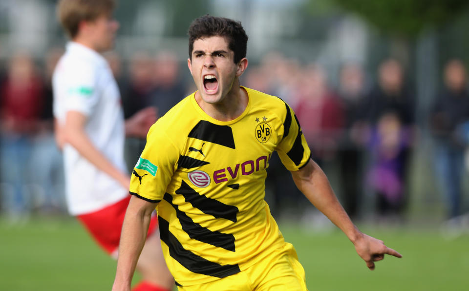 DORTMUND, GERMANY - JUNE 03: Christian Pulisic  of Dortmund celebrates after scoring the second goal during the B-Juniors Bundesliga Semi Final match between Borussia Dortmund and RB Leipzig at Fussballpark Hohenbuschei on June 3, 2015 in Dortmund, Germany.  (Photo by Juergen Schwarz/Bongarts/Getty Images)