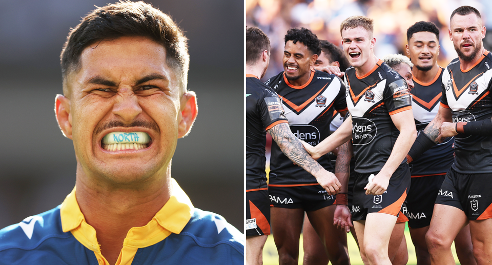 Pictured Dylan Brown left and right Wests Tigers celebrate NRL win