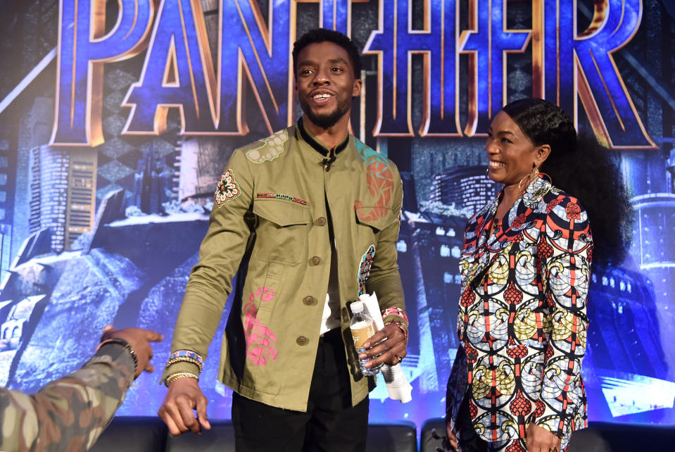 BEVERLY HILLS, CA - JANUARY 30:  Actors Chadwick Boseman (L) and Angela Bassett attend the Marvel Studios' BLACK PANTHER Global Junket Press Conference on January 30, 2018 at Montage Beverly Hills in Beverly Hills, California.  (Photo by Alberto E. Rodriguez/Getty Images for Disney)