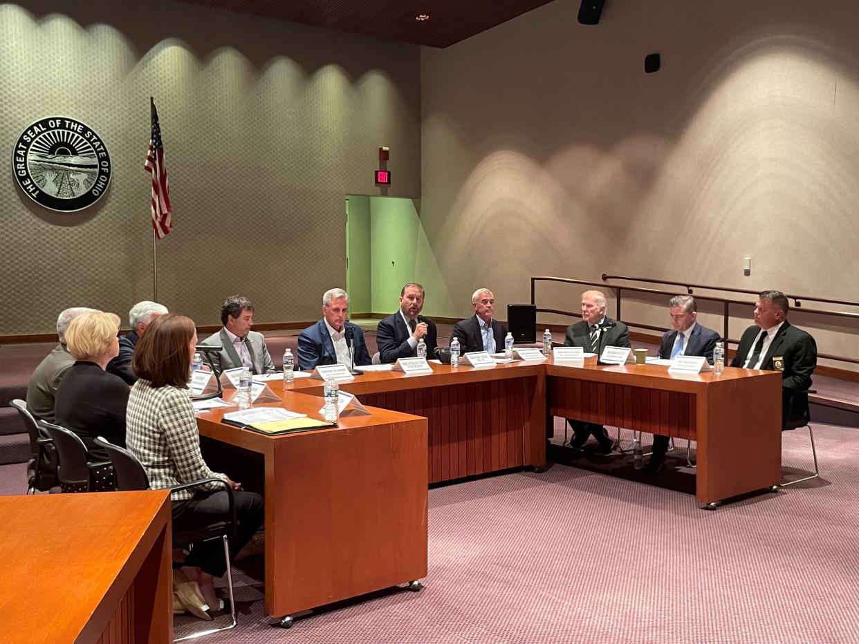 U.S. House Minority Leader Kevin McCarthy, Ohio Attorney General Dave Yost and members of Ohio's congressional delegation participate in a round table discussion about the U.S.-Mexico border Tuesday at Rhodes Center in Columbus.