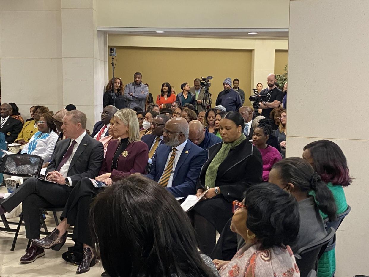 Florida A&M President Larry Robinson and Athletic Director Tiffani-Dawn Sykes sit next to Florida State Athletic Director Michael Alford and his wife Laura Alford as they listen to speakers at the Leon County MLK event.