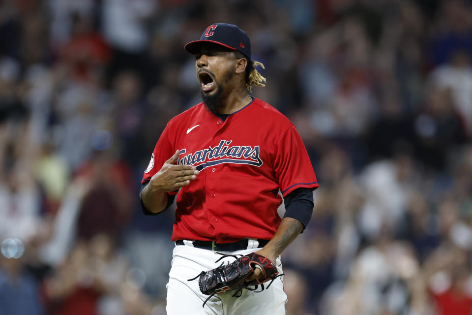 Cleveland Guardians relief pitcher Emmanuel Clase celebrates an 8-4 win against the Detroit Tigers in a baseball game Wednesday, Aug. 17, 2022, in Cleveland. (AP Photo/Ron Schwane)