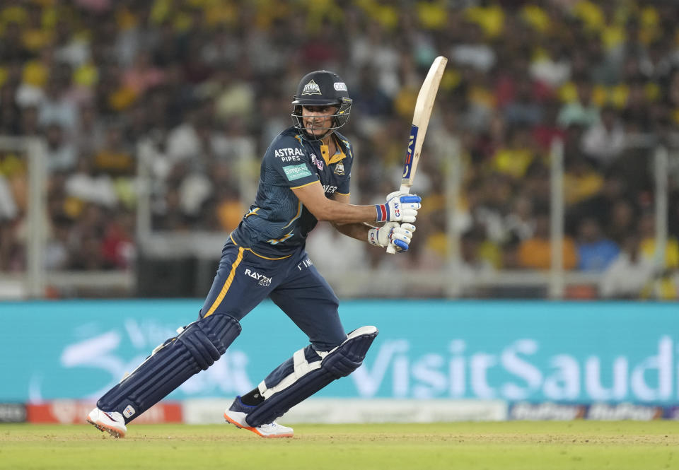 Gujarat Titans' Shubman Gill hits a boundary during the Indian Premier League (IPL) match between Gujarat Titans and Chennai Super Kings in Ahmedabad, India, Friday, March 31, 2023. (AP Photo/Ajit Solanki)