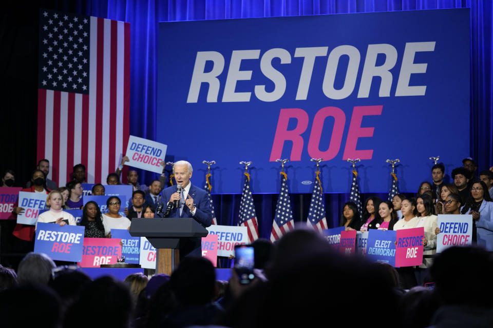 President Joe Biden speaks about abortion access during a Democratic National Committee event, Tuesday, Oct. 18, 2022, at the Howard Theatre in Washington. (AP Photo/Patrick Semansky)