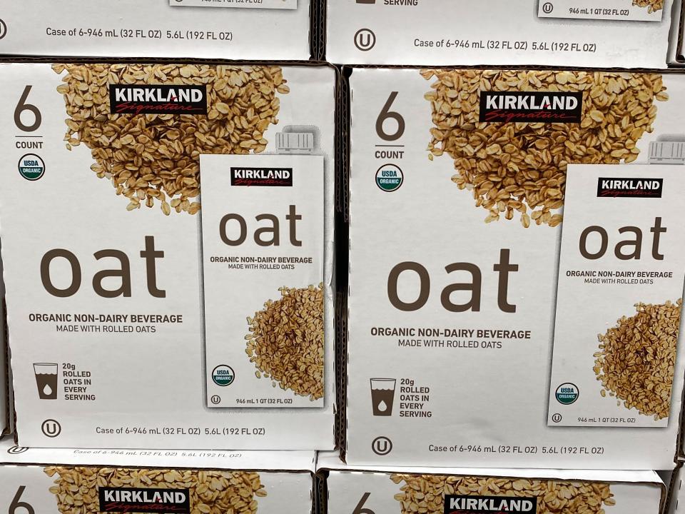 Kirkland Signature organic non-dairy oat beverage in large containers at Costco