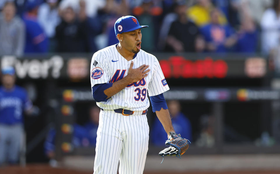 New York Mets pitcher Edwin Díaz (39) reacts after the New York Mets defeated the Kansas City Royals, Sunday, April 14, 2024, in New York. (AP Photo/Noah K. Murray)