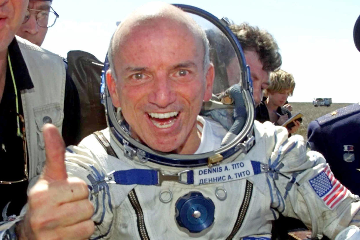 U.S. multimillionaire Dennis Tito gives a thumbs up shortly after his landing in the Central Asian steppes, 80 kilometers (50 miles) northeast of Arkalyk, Kazakstan on May 6, 2001. (Mikhail Metzel/AP)