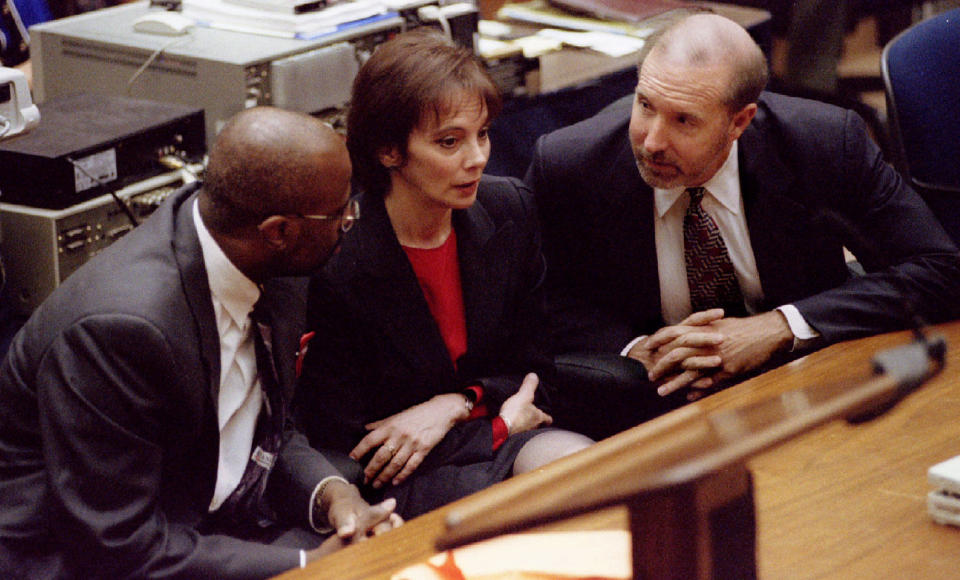 <p>Members of the prosecution team, Christopher Darden, Marcia Clark and William Hodgman react after defendant O.J. Simpson was found not guilty of the murders of Nicole Brown Simpson and Ronald Goldman. (Photo: Pool/Reuters) </p>