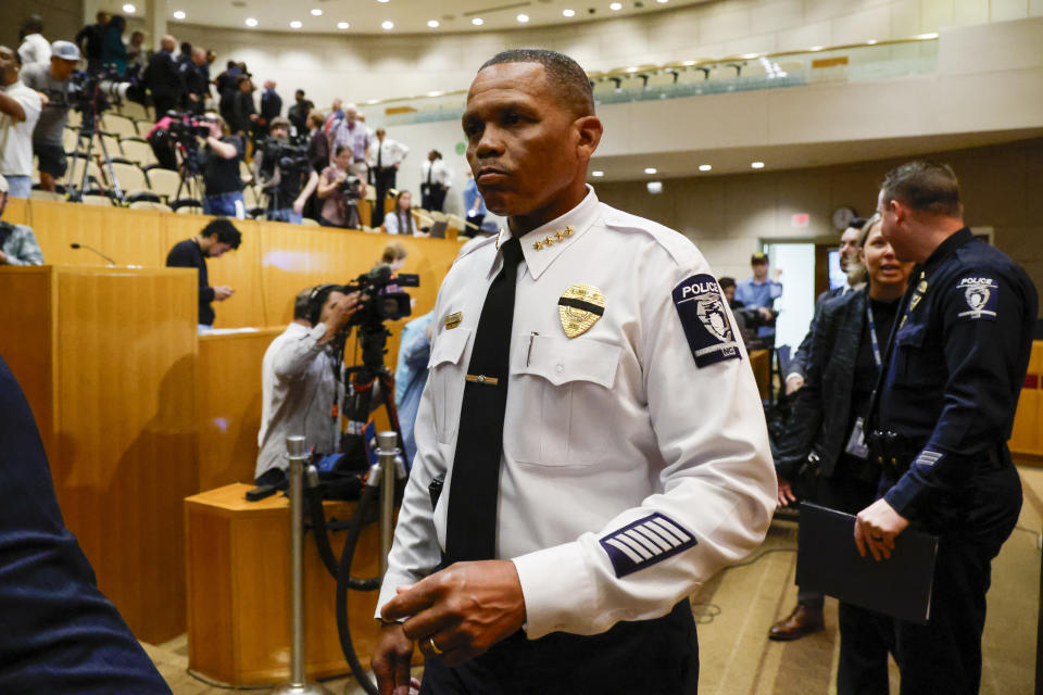 Charlotte-Mecklenburg Police Chief Johnny Jennings leaves a press conference in Charlotte, N.C., Tuesday, April 30, 2024, regarding a shooting that killed four officers during an attempt to serve a warrant on April 29. (AP Photo/Nell Redmond)