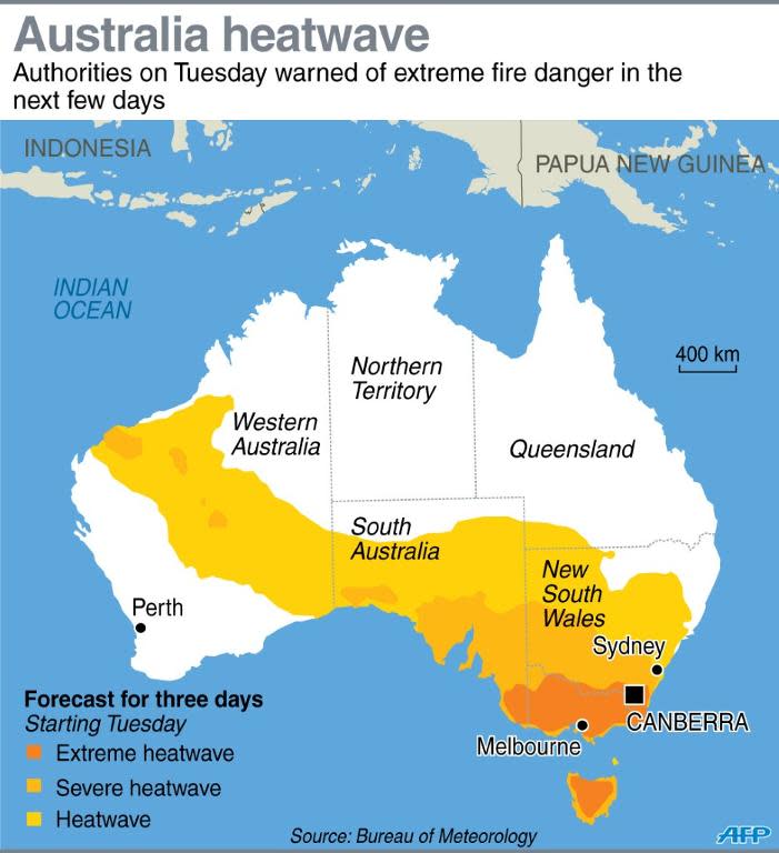 Map showing three-day heatwave forecast for Australia starting Tuesday