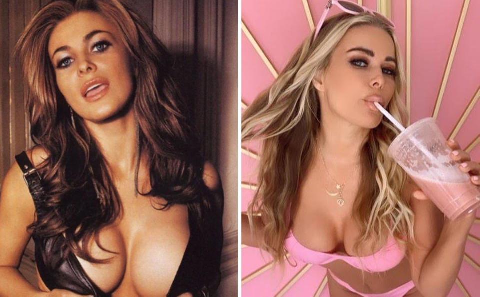 Two images of Carmen Electra posing in lingerie. 