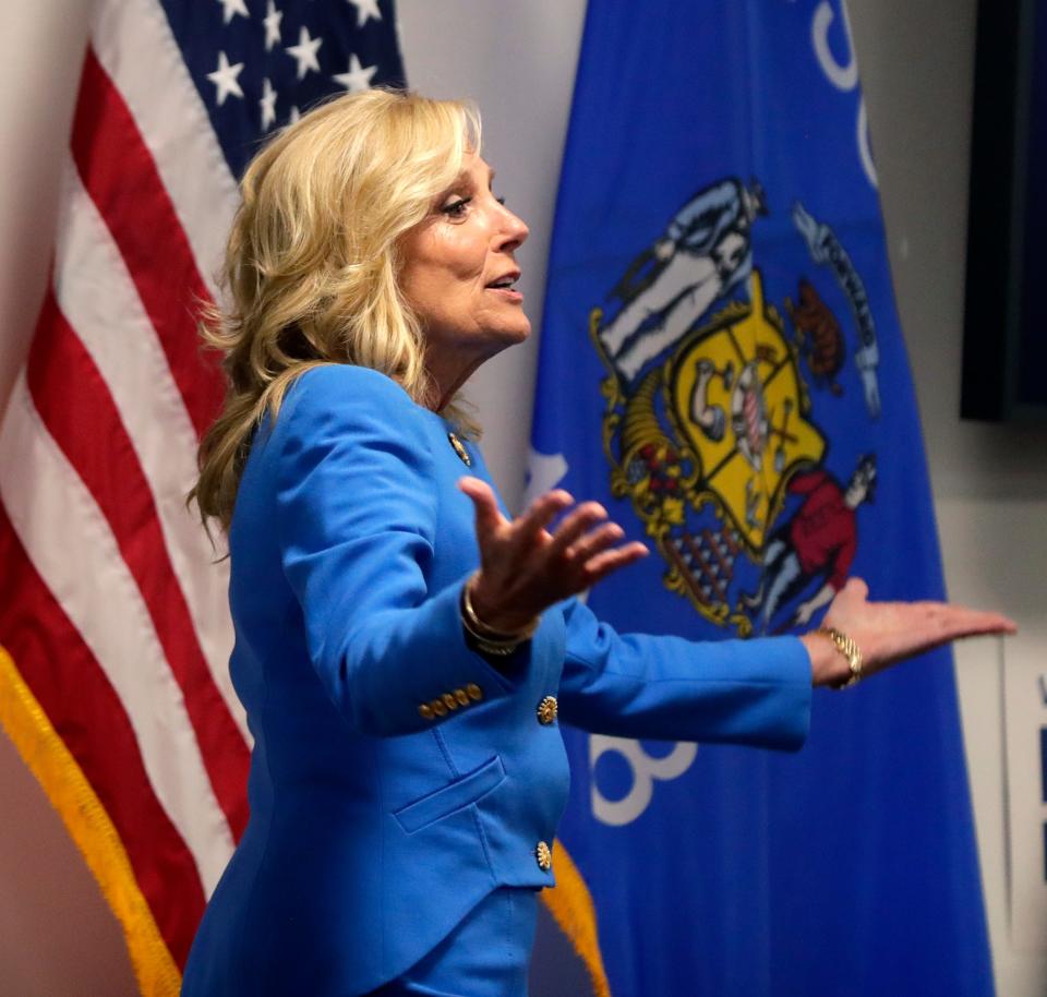 First lady Jill Biden campaigns during a Seniors for Biden-Harris event on June 13, 2024, at the Brown County Central Library in Green Bay, Wis. The Biden campaign as of July 2 owes the city almost $7,000 for public safety costs related to the event. Sarah Kloepping/USA TODAY NETWORK-Wisconsin