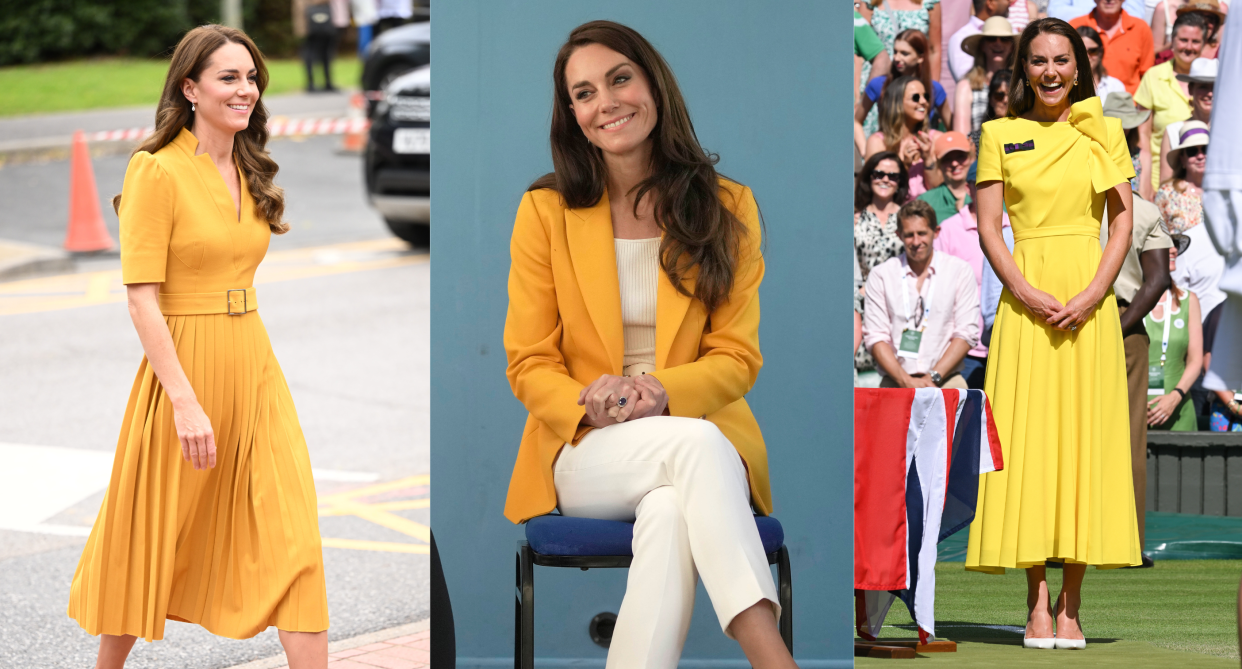 princess of wales, split screen of kate middleton, princess of wales wearing yellow dresses, yellow blazer and white pants