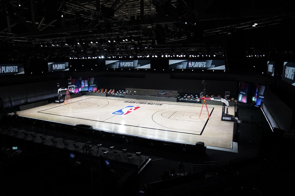 NBA basketball arenas are empty Friday, Aug. 28, 2020, at Walt Disney World in Lake Buena Vista, Fla.  (AP Photo/Ashley Landis, Pool)