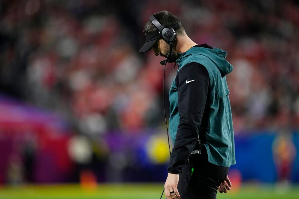 Philadelphia Eagles head coach Nick Sirianni reacts during the second half of Super Bowl 57 against the Kansas City Chiefs, Sunday, Feb. 12, 2023, in Glendale, Ariz.