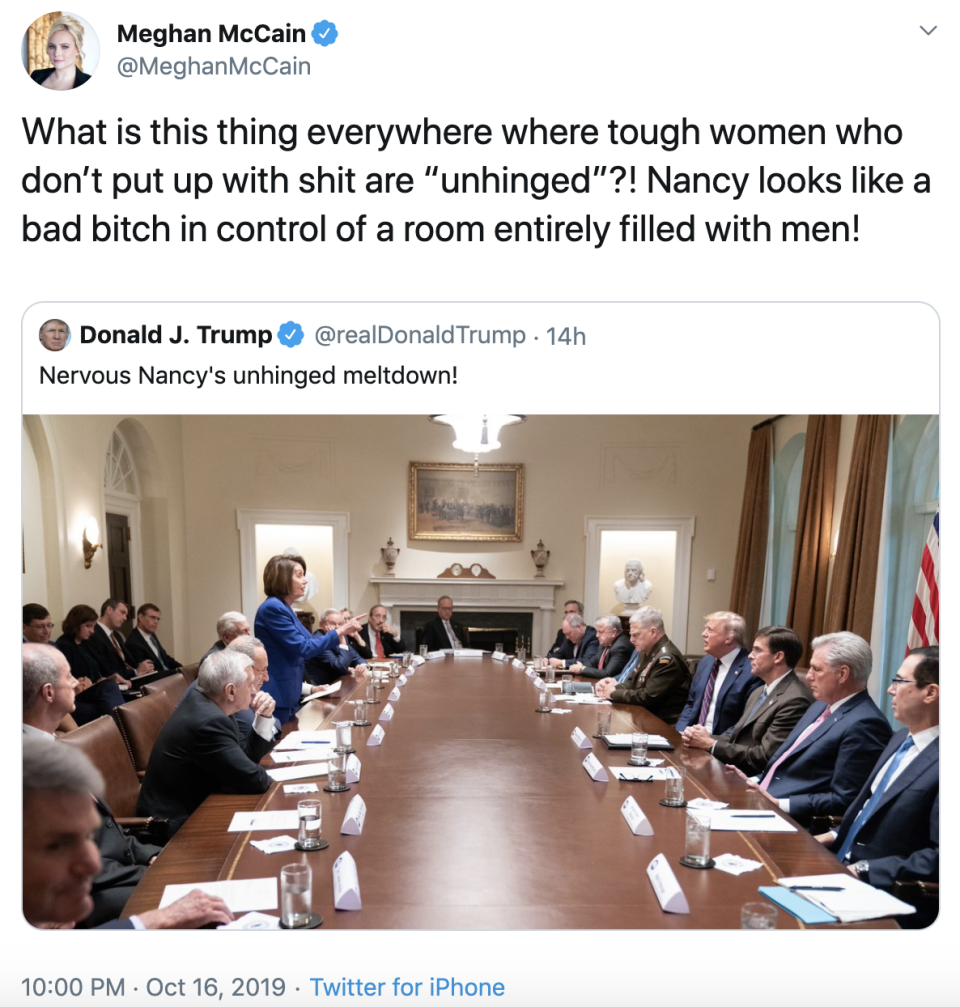 Meghan McCain reacts to the "Unhinged Nancy" photo. (Screenshot: Meghan McCain via Twitter)