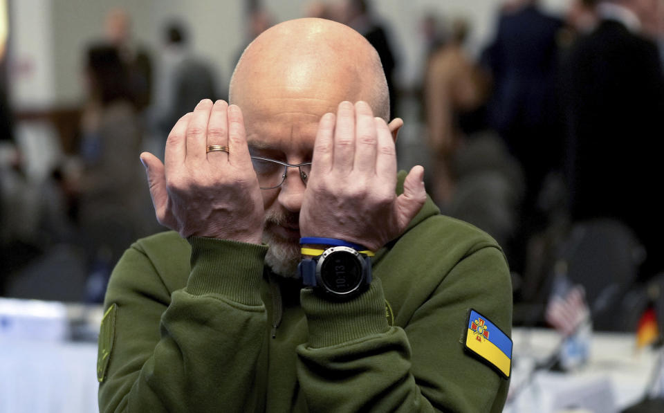 Ukrainian Minister of Defense Oleksii Reznikov gestures prior to the meeting of the 'Ukraine Defense Contact Group' at Ramstein Air Base in Ramstein, Germany, Friday, Jan. 20, 2023. Defense leaders are gathering at Ramstein Air Base in Germany Friday to hammer out future military aid to Ukraine, amid ongoing dissent over who will provide the battle tanks that Ukrainian leaders say they desperately need(AP Photo/Michael Probst)