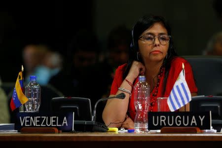 Venezuelan Foreign Minister Delcy Rodriguez listens during the OAS 47th General Assembly in Cancun, Mexico June 20, 2017. REUTERS/Carlos Jasso