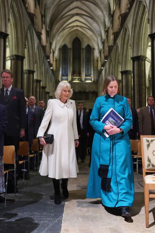 <p>Chris Jackson - WPA Pool/Getty</p> Queen Camilla arrives to attend a musical evening at Salisbury Cathedral on Feb. 8.