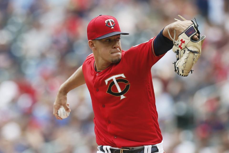 Minnesota Twins pitcher Jose Berrios throws against the Cleveland Indians in the first inning of a baseball game Sunday, Aug. 11, 2019, in Minneapolis. (AP Photo/Jim Mone)
