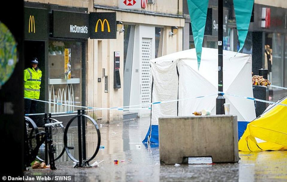 The scene outside McDonald’s in Bath city centre after Ben Moncrieff was stabbed (SWNS)