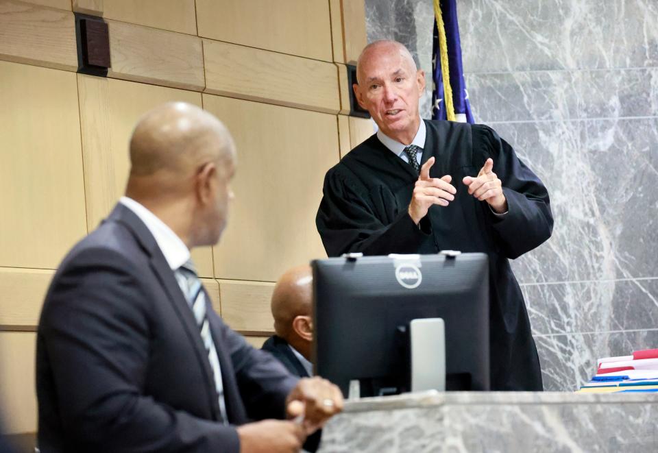 Broward Circuit Judge John J. Murphy lll speaks as he presides over the double murder trial for Jamell Demons, better known as rapper YNW Melly, at the Broward County Courthouse in Fort Lauderdale, Fla., Thursday, June 22, 2023. Demons is facing a possible death sentence for the October 2018 fatal shooting of his childhood friends, Anthony Williams and Christopher Thomas Jr. Williams and Thomas were both part of the YNW collective, known respectively as YNW Sakchaser and YNW Juvy. (Mike Stocker/South Florida Sun-Sentinel via AP, Pool)
