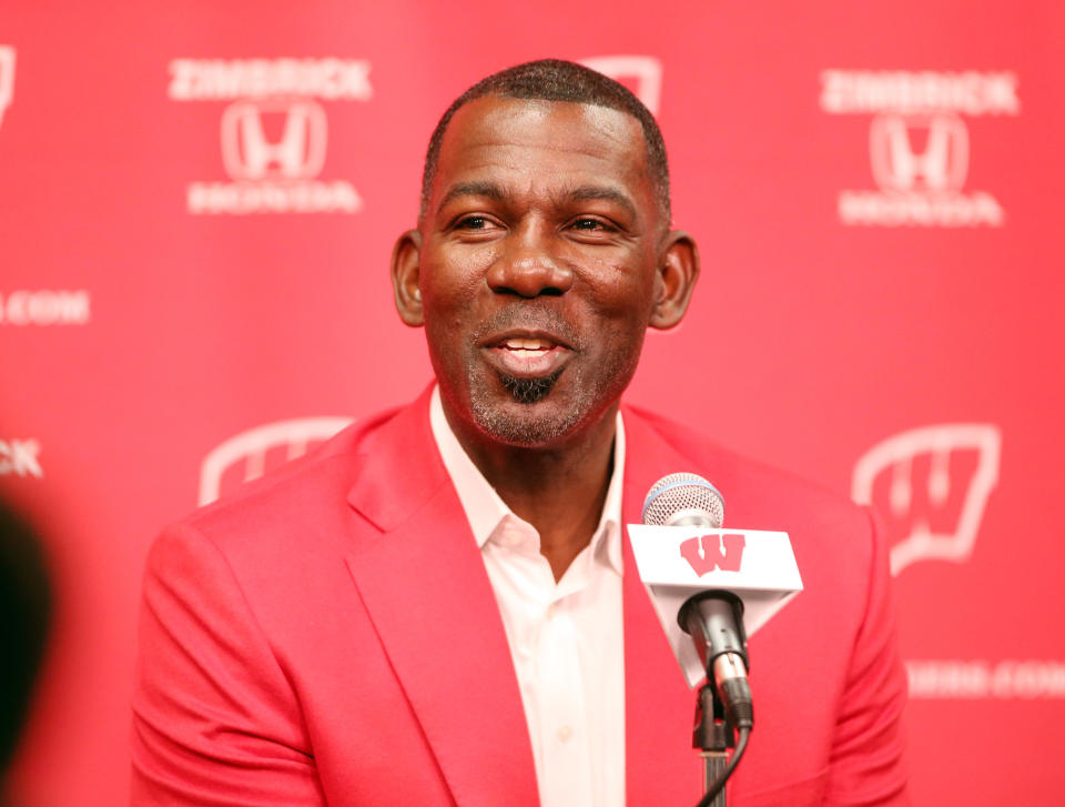 Feb 20, 2022; Madison, Wisconsin, USA; Wisconsin Badgers former basketball player Michael Finley responds to a question during a pre-game news conference before the game with the Michigan Wolverines at the Kohl Center. Mandatory Credit: Mary Langenfeld-USA TODAY Sports