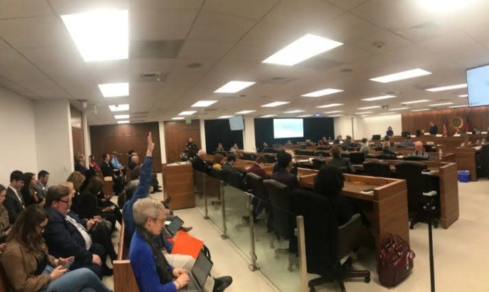 The scene at the Senate Health Care Committee on Thursday, Feb. 2 where the Parents Bill of Rights bill passed along a voice vote. One person in the visitors' gallery raised a hand to object to some of the comments about LGBTQ youth made during the discussion.